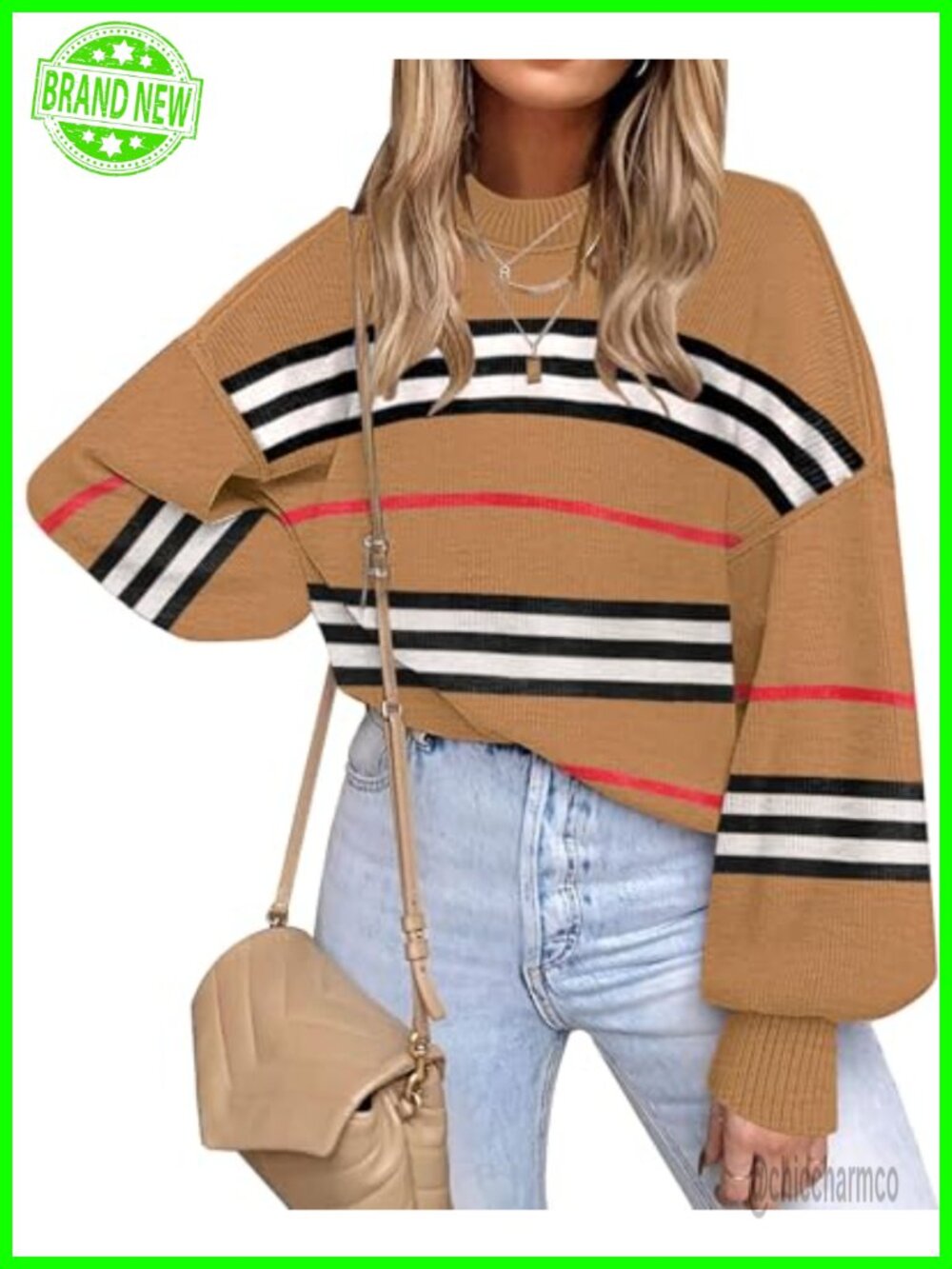 Oversized Striped Knit Pullover Sweater, Viscose+Nylon, Long Sleeve Crewneck,